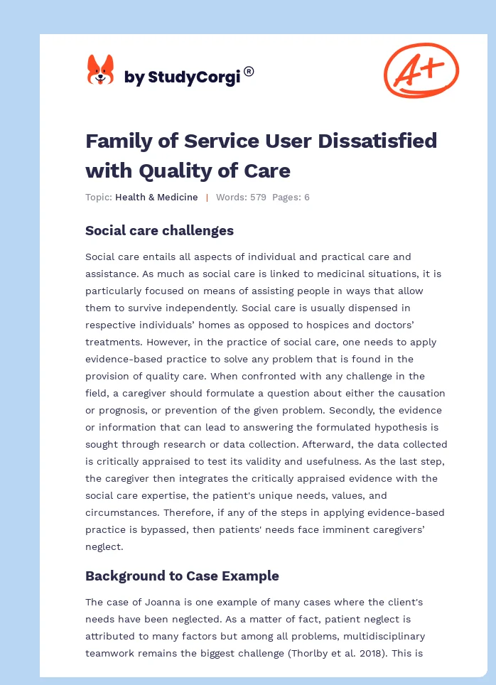 Family of Service User Dissatisfied with Quality of Care. Page 1