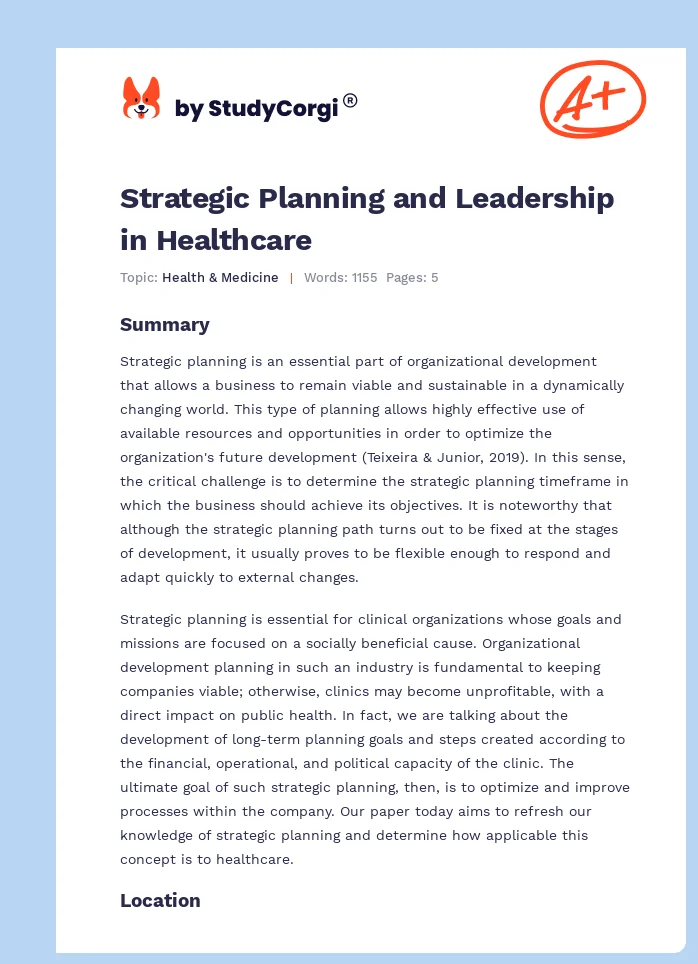 Strategic Planning and Leadership in Healthcare. Page 1