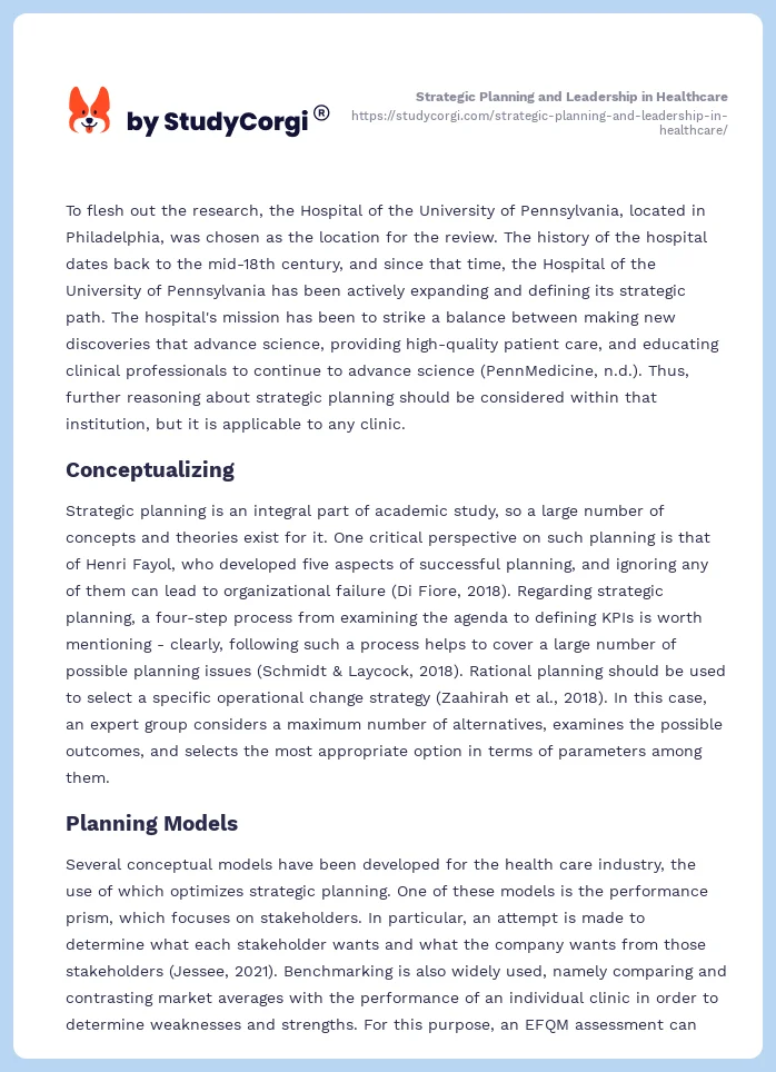 Strategic Planning and Leadership in Healthcare. Page 2