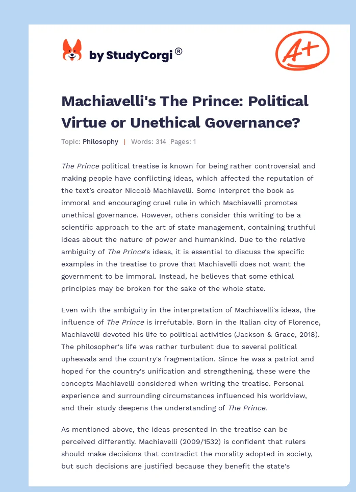 Machiavelli's The Prince: Political Virtue or Unethical Governance?. Page 1