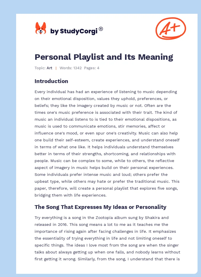 Personal Playlist and Its Meaning. Page 1