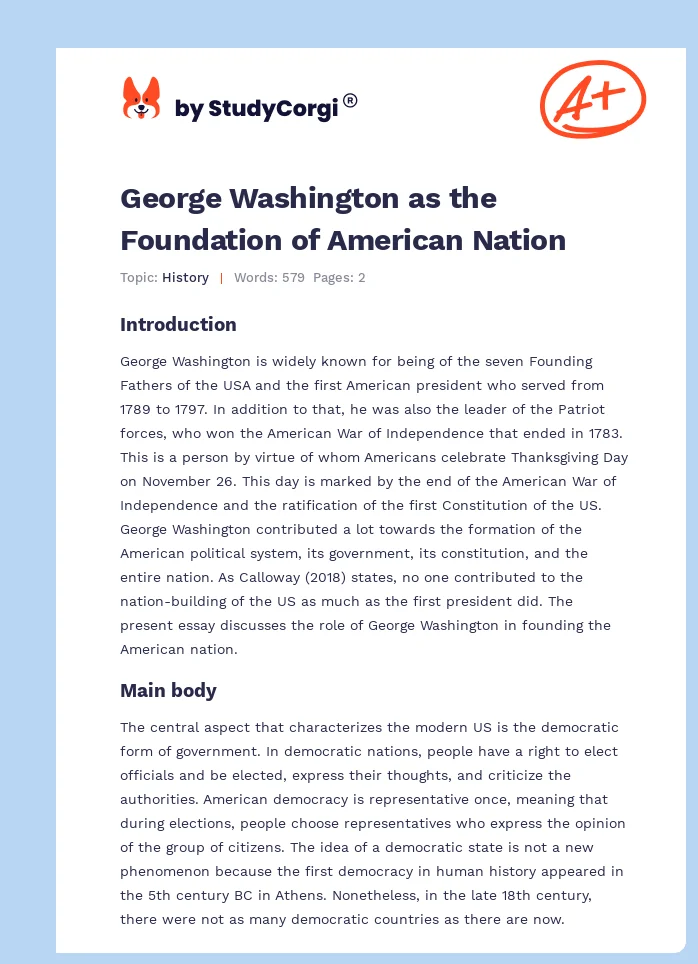 George Washington as the Foundation of American Nation. Page 1