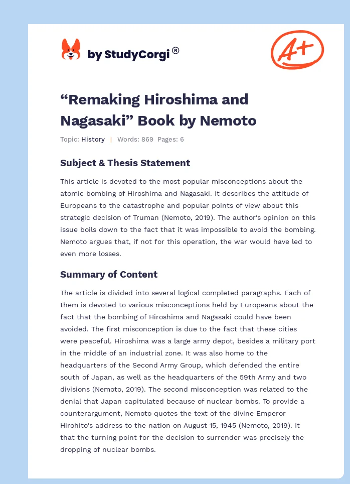 “Remaking Hiroshima and Nagasaki” Book by Nemoto. Page 1