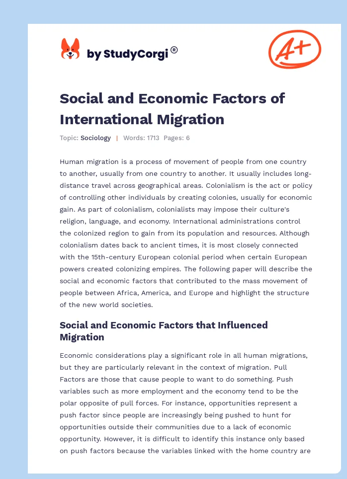 Social and Economic Factors of International Migration. Page 1