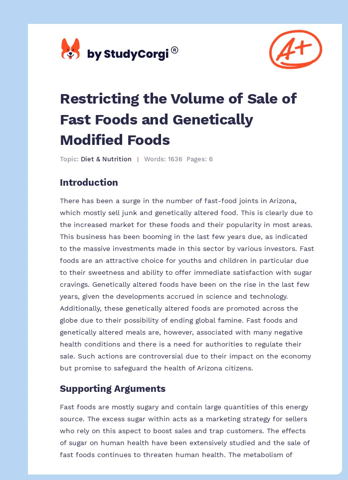 Restricting the Volume of Sale of Fast Foods and Genetically Modified Foods. Page 1