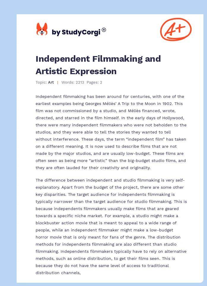 Independent Filmmaking and Artistic Expression. Page 1