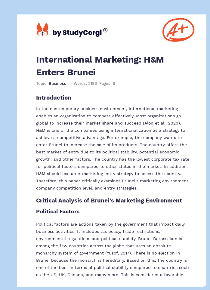 International Marketing: H&M Enters Brunei. Page 1