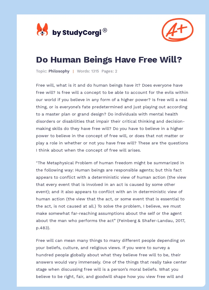 Do Human Beings Have Free Will?. Page 1