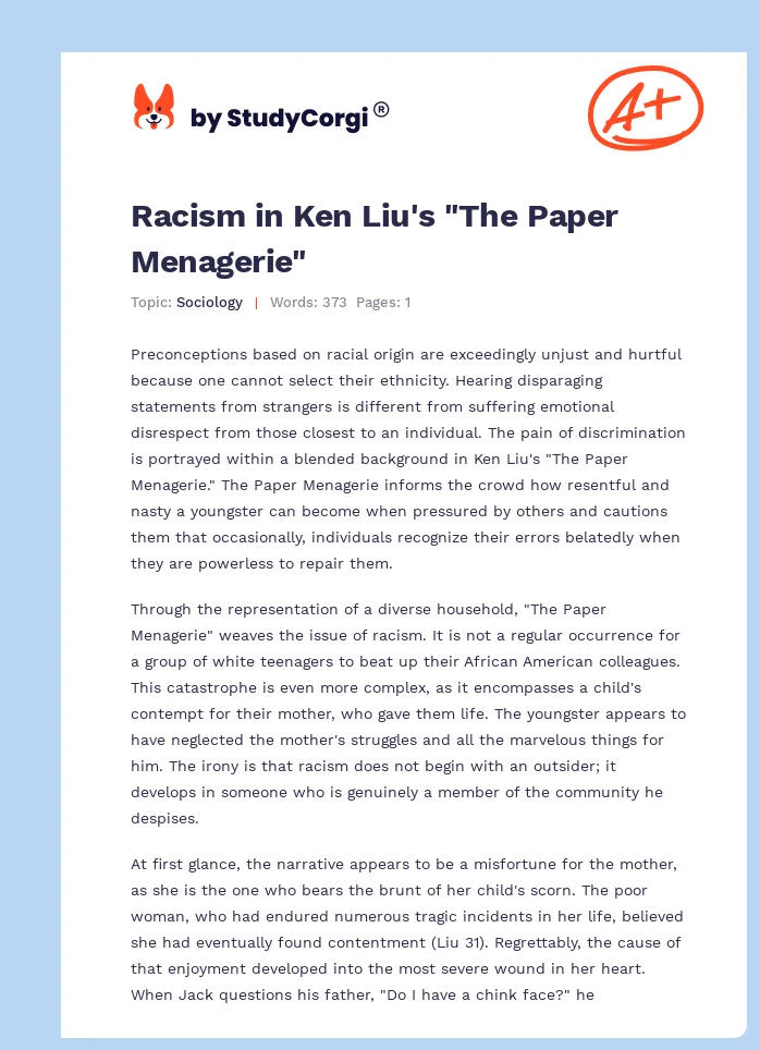 Racism in Ken Liu's "The Paper Menagerie". Page 1
