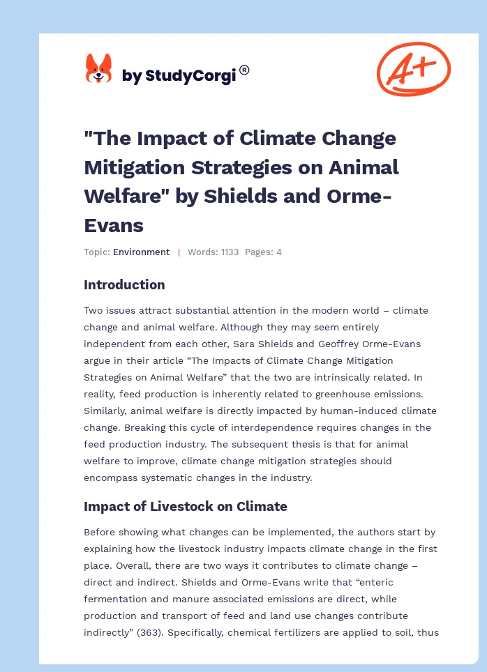 "The Impact of Climate Change Mitigation Strategies on Animal Welfare" by Shields and Orme-Evans. Page 1