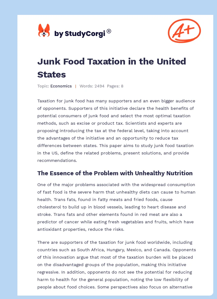 Junk Food Taxation in the United States. Page 1