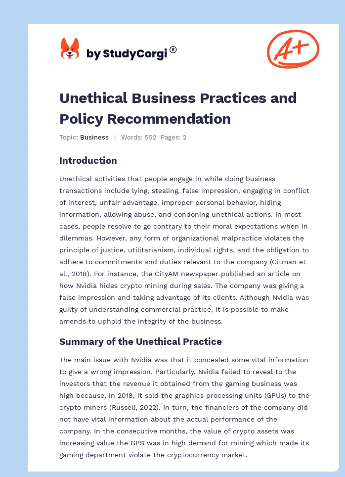 Unethical Business Practices and Policy Recommendation. Page 1