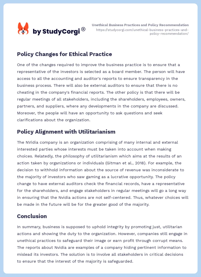 Unethical Business Practices and Policy Recommendation. Page 2