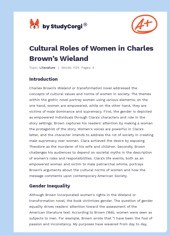 Cultural Roles of Women in Charles Brown’s Wieland. Page 1