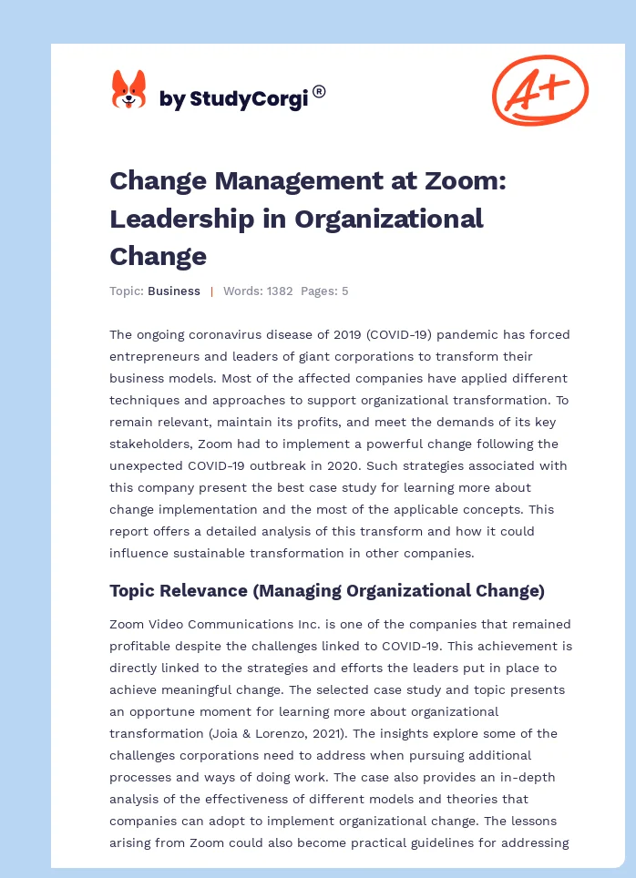 Change Management at Zoom: Leadership in Organizational Change. Page 1