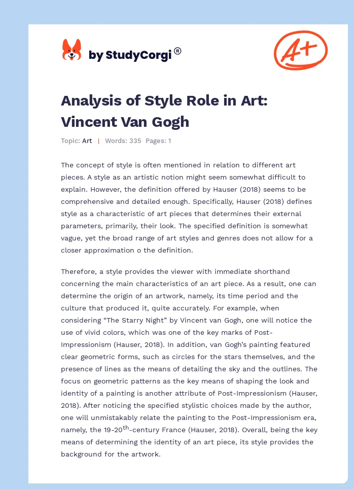 Analysis of Style Role in Art: Vincent Van Gogh. Page 1
