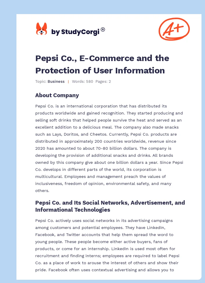 Pepsi Co., E-Commerce and the Protection of User Information. Page 1