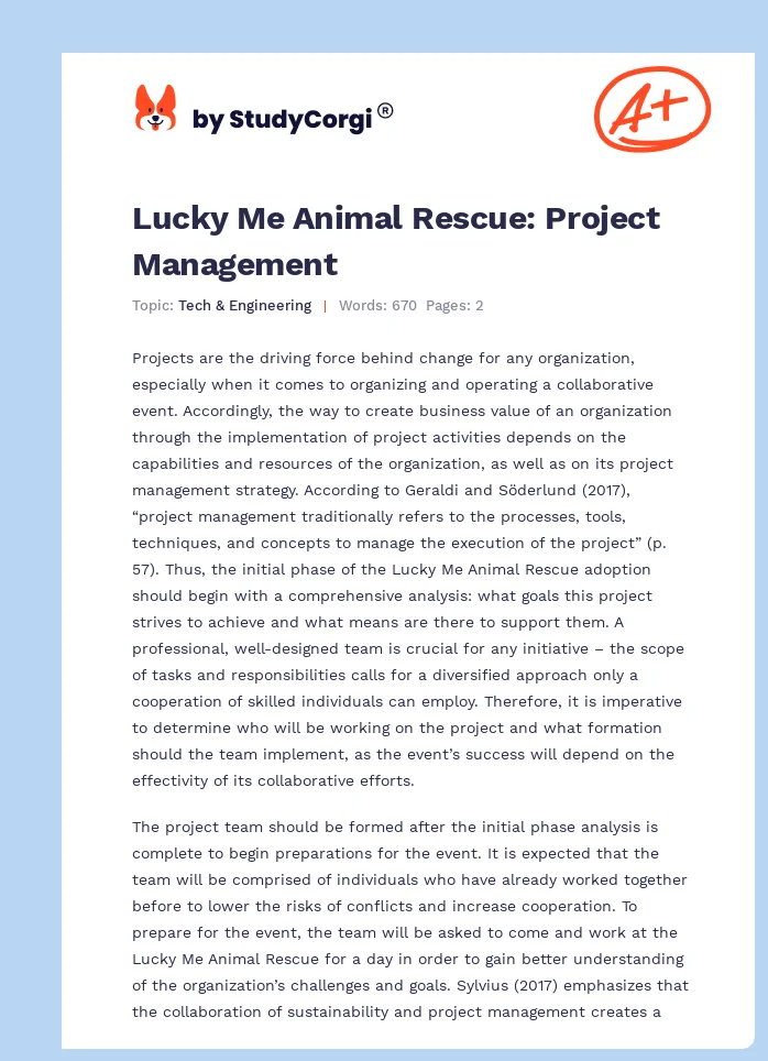 Lucky Me Animal Rescue: Project Management. Page 1