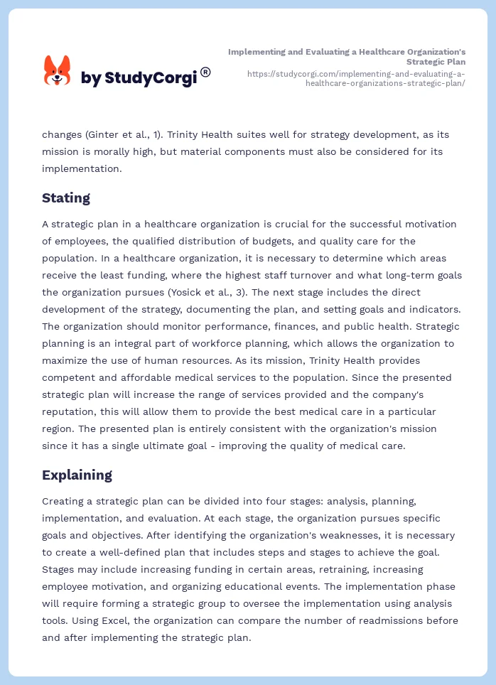 Implementing and Evaluating a Healthcare Organization's Strategic Plan. Page 2