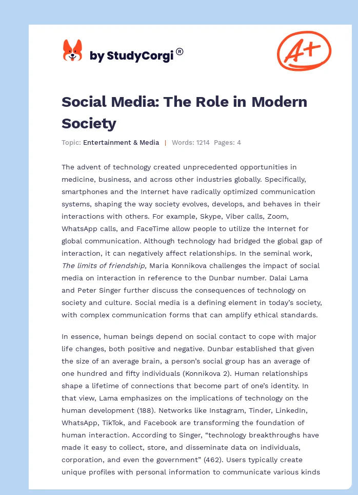 Social Media: The Role in Modern Society. Page 1