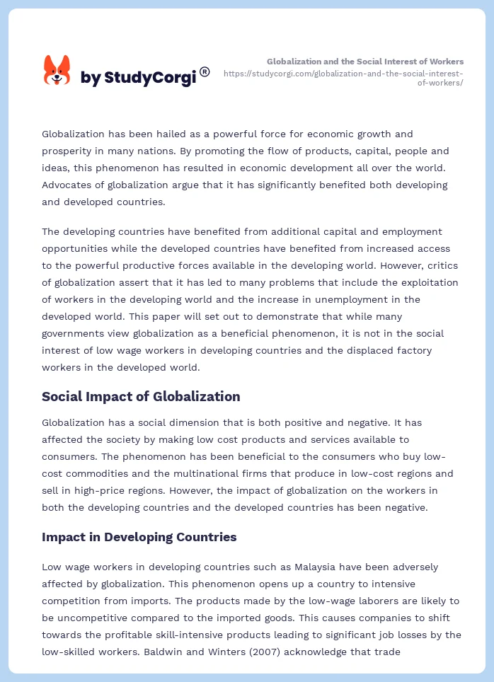 Globalization and the Social Interest of Workers. Page 2