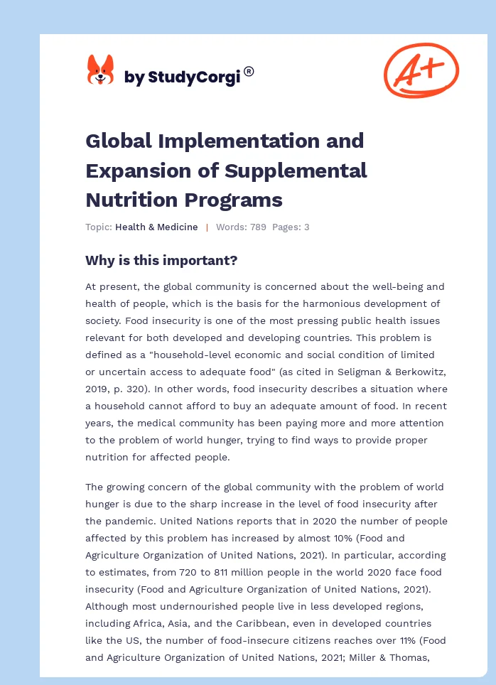 Global Implementation and Expansion of Supplemental Nutrition Programs. Page 1