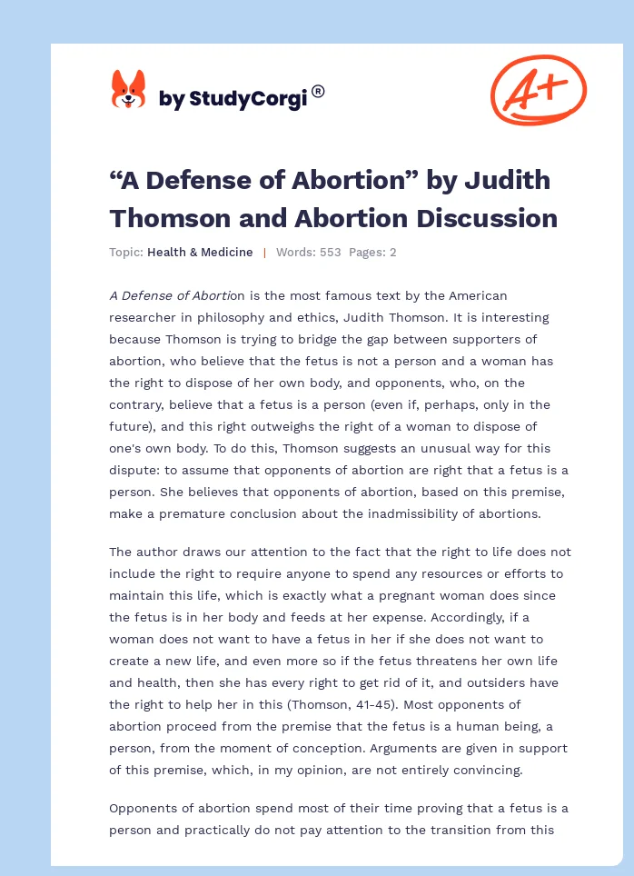 “A Defense of Abortion” by Judith Thomson and Abortion Discussion. Page 1