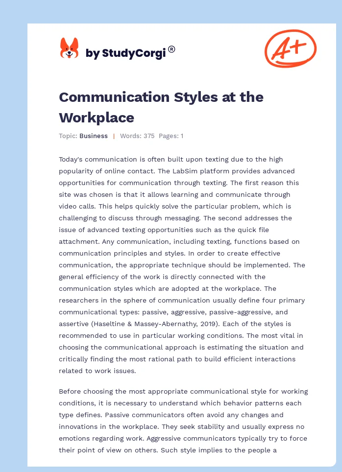 Communication Styles at the Workplace. Page 1