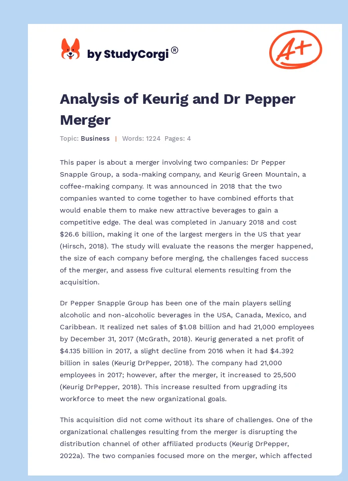 Analysis of Keurig and Dr Pepper Merger. Page 1