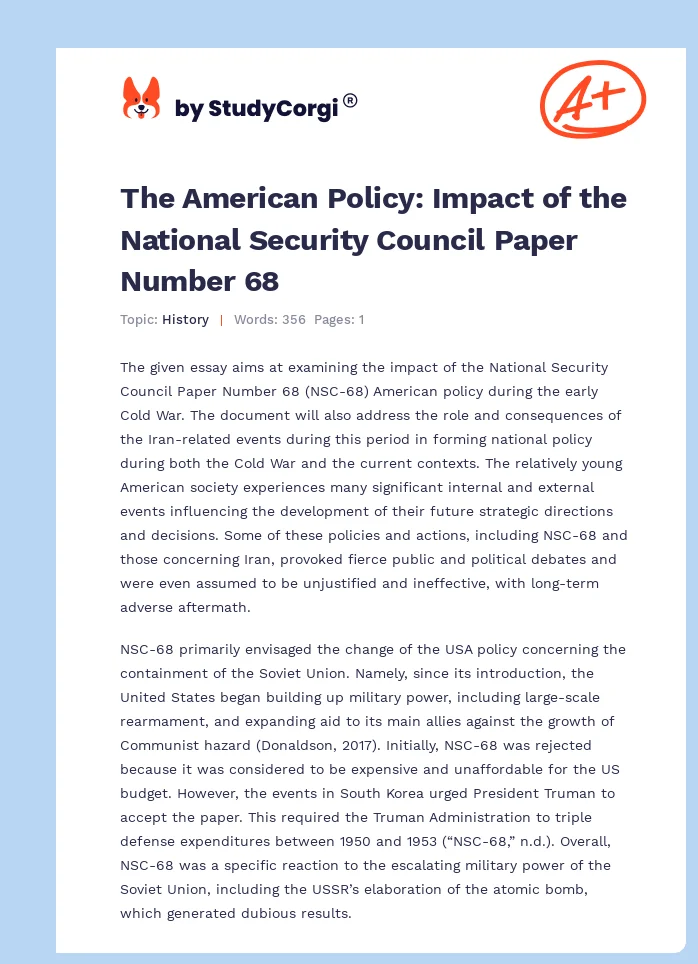 The American Policy: Impact of the National Security Council Paper Number 68. Page 1