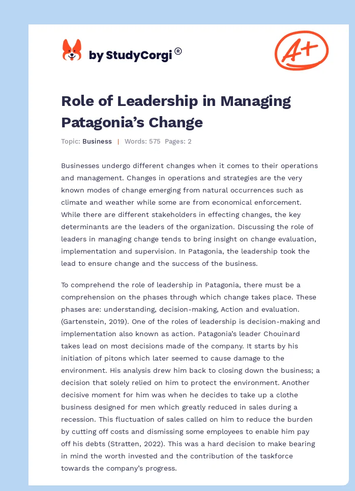 Role of Leadership in Managing Patagonia’s Change. Page 1