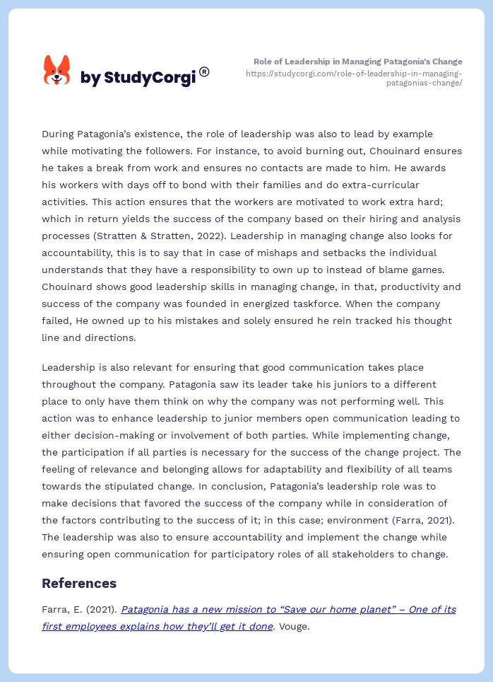 Role of Leadership in Managing Patagonia’s Change. Page 2