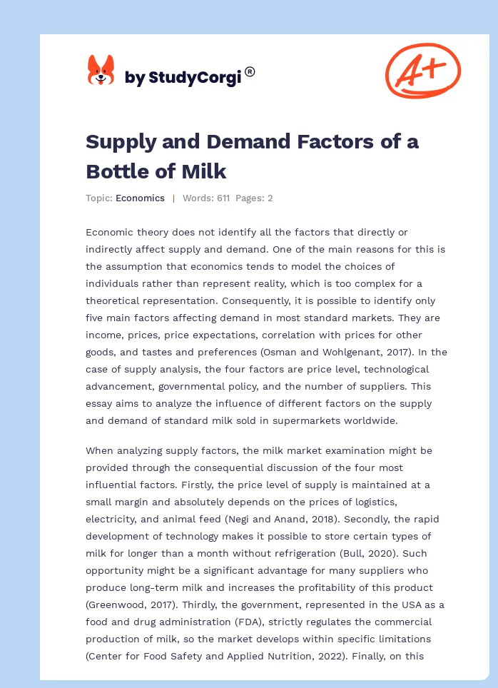 Supply and Demand Factors of a Bottle of Milk. Page 1