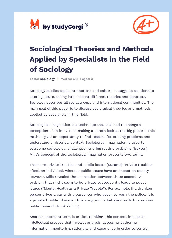 Sociological Theories and Methods Applied by Specialists in the Field of Sociology. Page 1