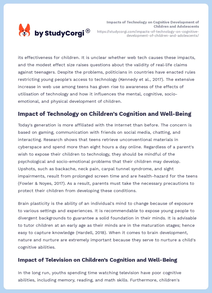 Impacts of Technology on Cognitive Development of Children and Adolescents. Page 2