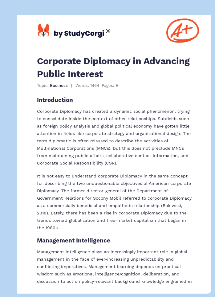Corporate Diplomacy in Advancing Public Interest. Page 1