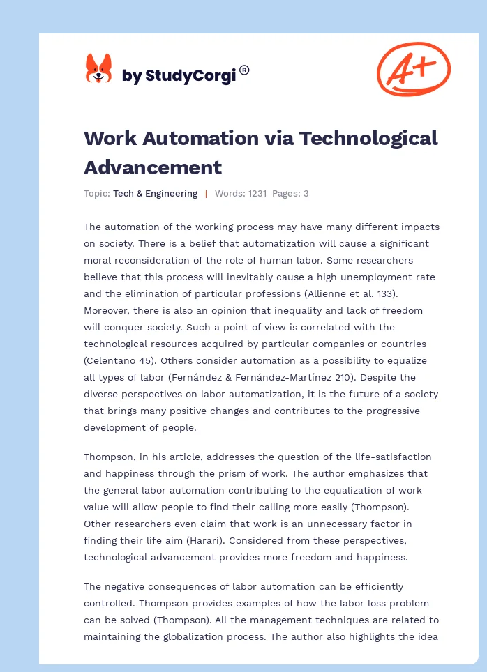 Work Automation via Technological Advancement. Page 1