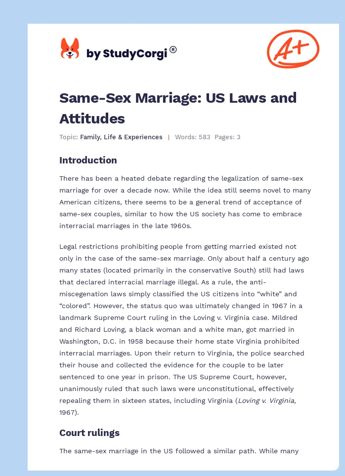 Same-Sex Marriage: US Laws and Attitudes. Page 1