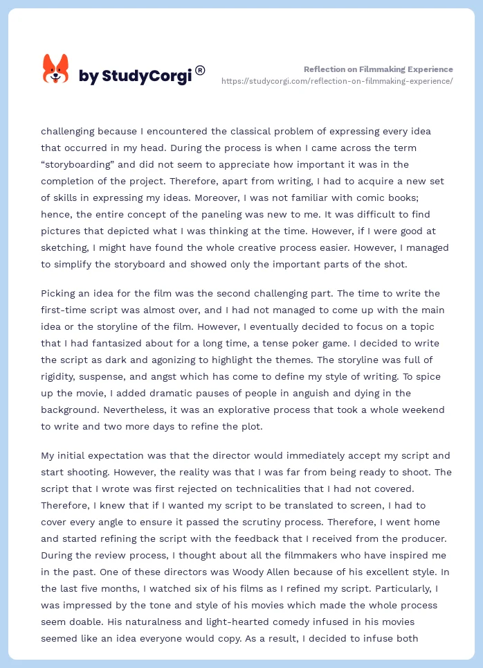 Reflection on Filmmaking Experience. Page 2