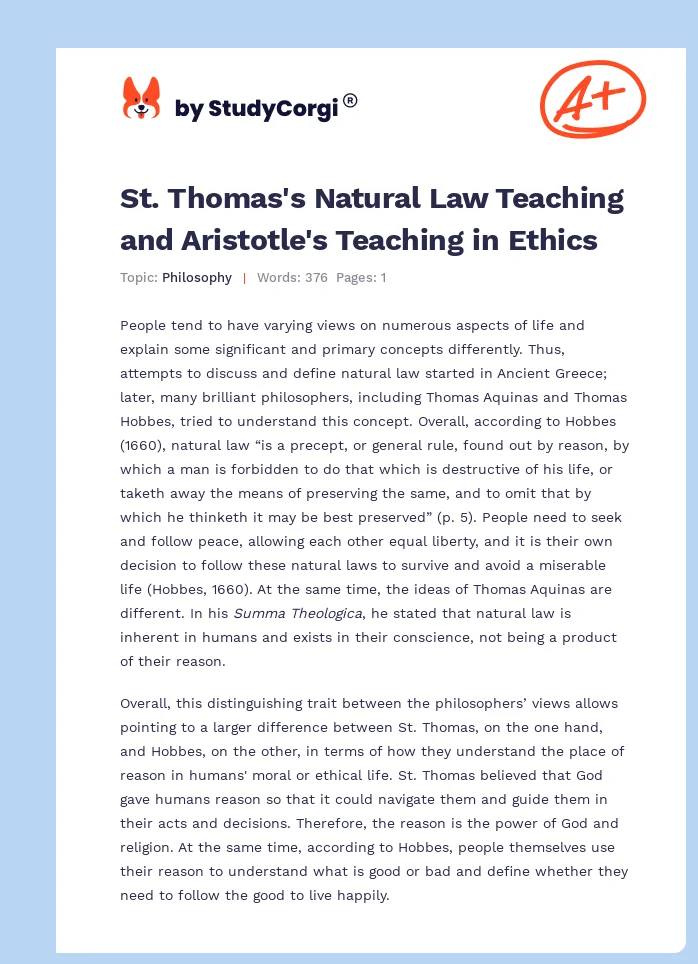 St. Thomas's Natural Law Teaching and Aristotle's Teaching in Ethics. Page 1