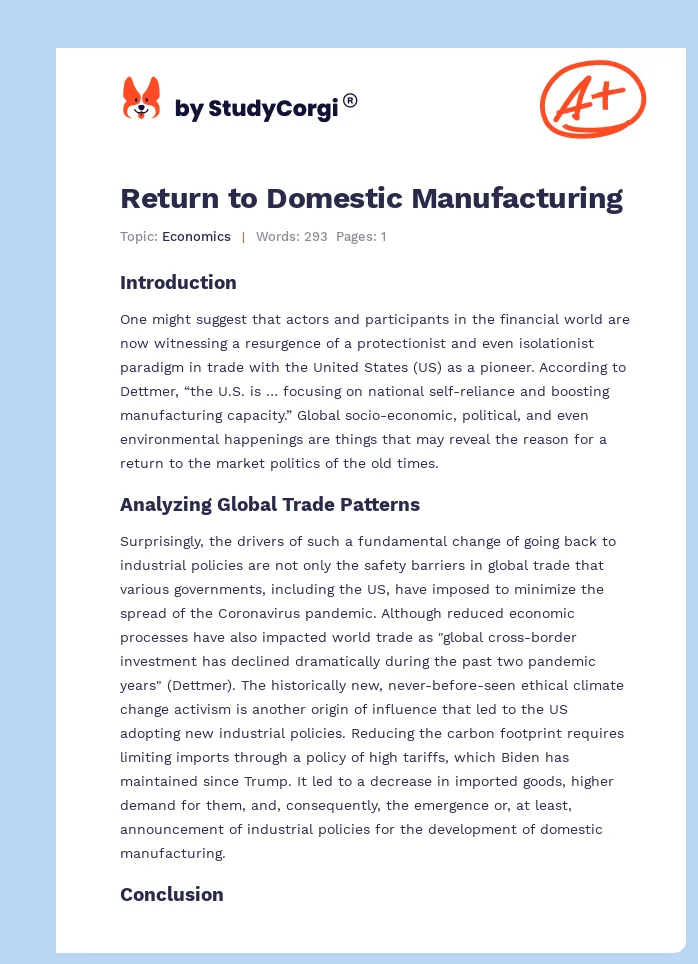 Return to Domestic Manufacturing. Page 1