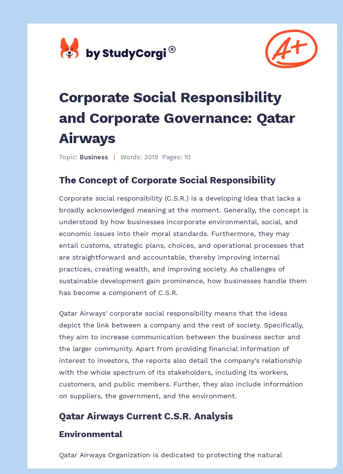 Corporate Social Responsibility and Corporate Governance: Qatar Airways. Page 1