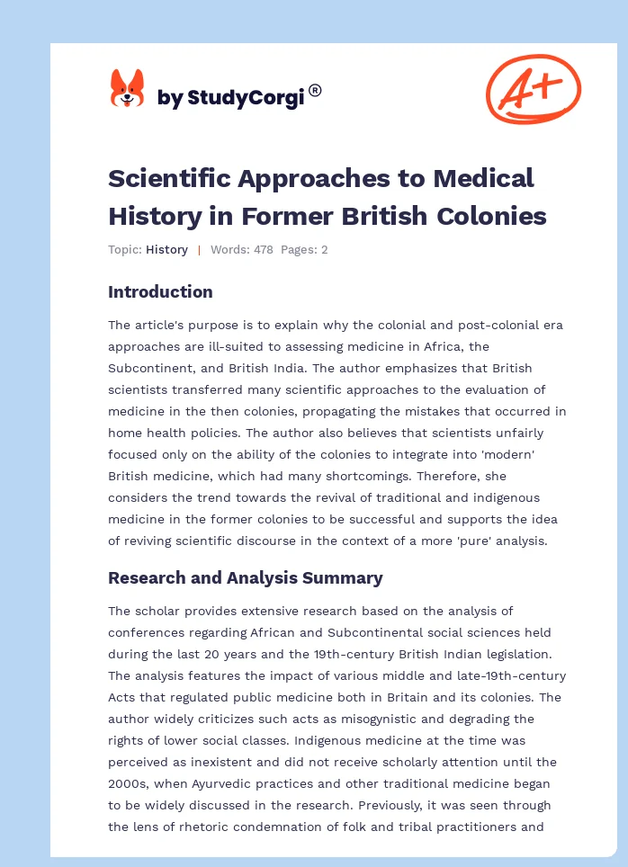 Scientific Approaches to Medical History in Former British Colonies. Page 1