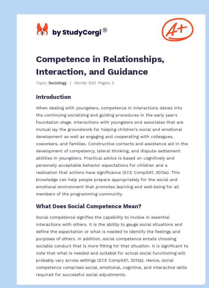 Competence in Relationships, Interaction, and Guidance. Page 1