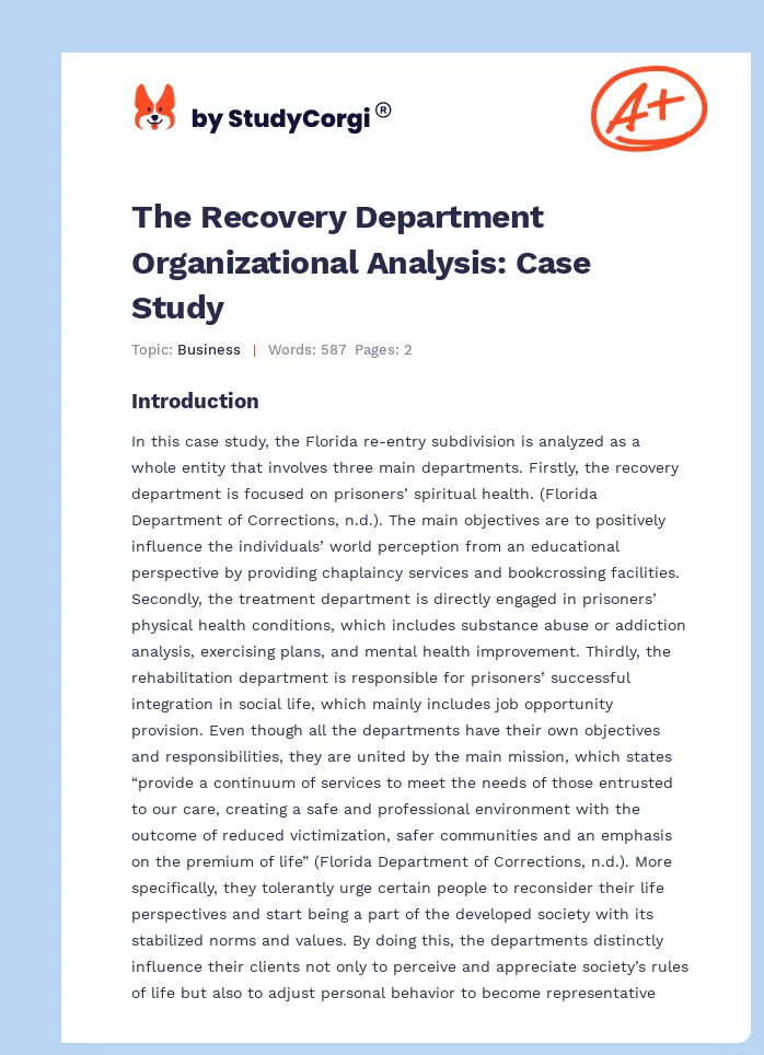 The Recovery Department Organizational Analysis: Case Study. Page 1