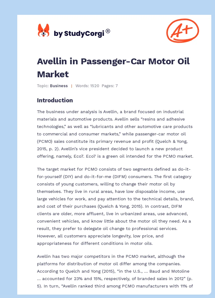 Avellin in Passenger-Car Motor Oil Market. Page 1
