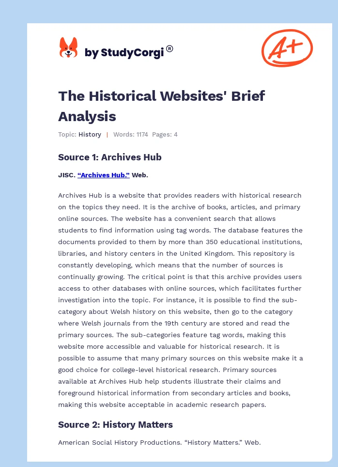 The Historical Websites' Brief Analysis. Page 1
