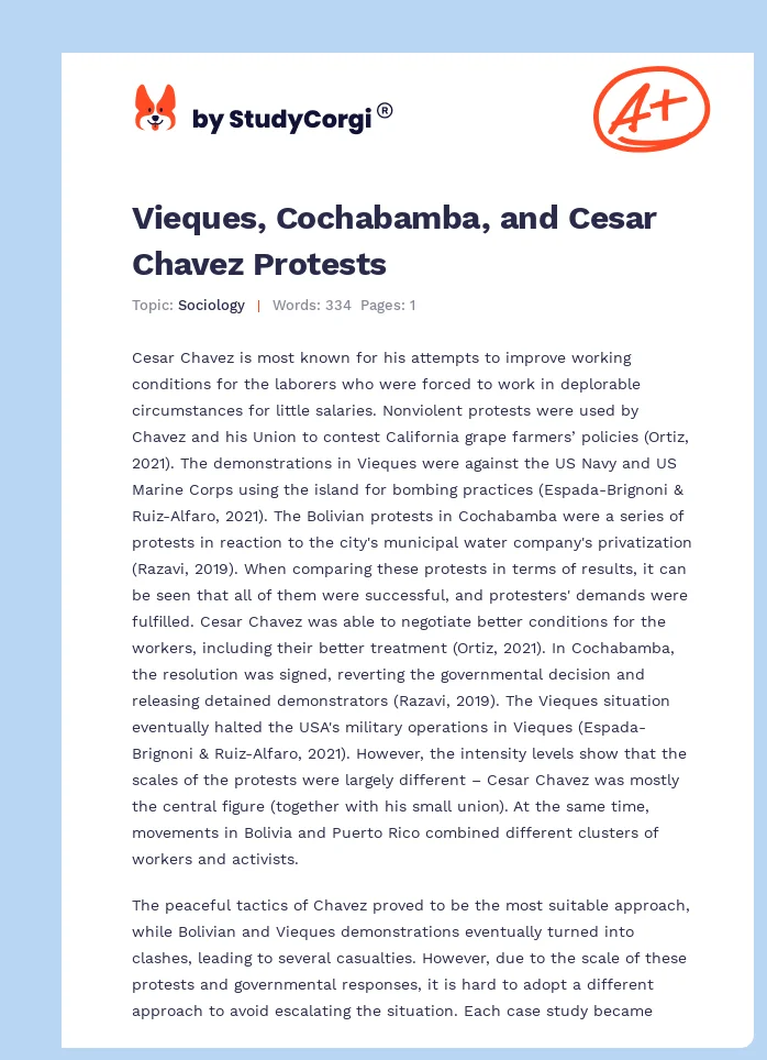 Vieques, Cochabamba, and Cesar Chavez Protests. Page 1