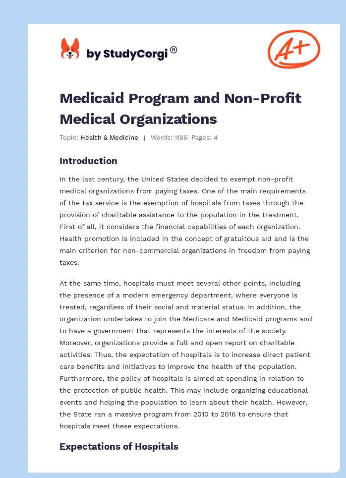 Medicaid Program and Non-Profit Medical Organizations. Page 1