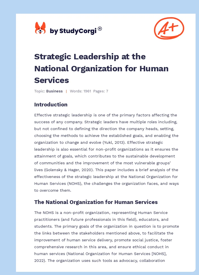 Strategic Leadership at the National Organization for Human Services. Page 1